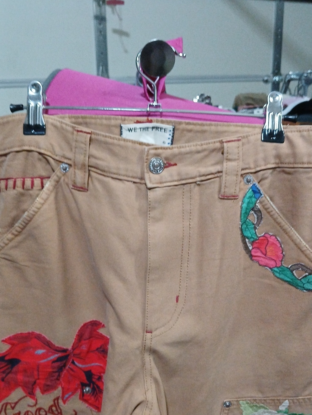 Free People "Bright Time Craft" Tan Embroidered Floral Wide-Leg Jeans - Picture 11 of 14